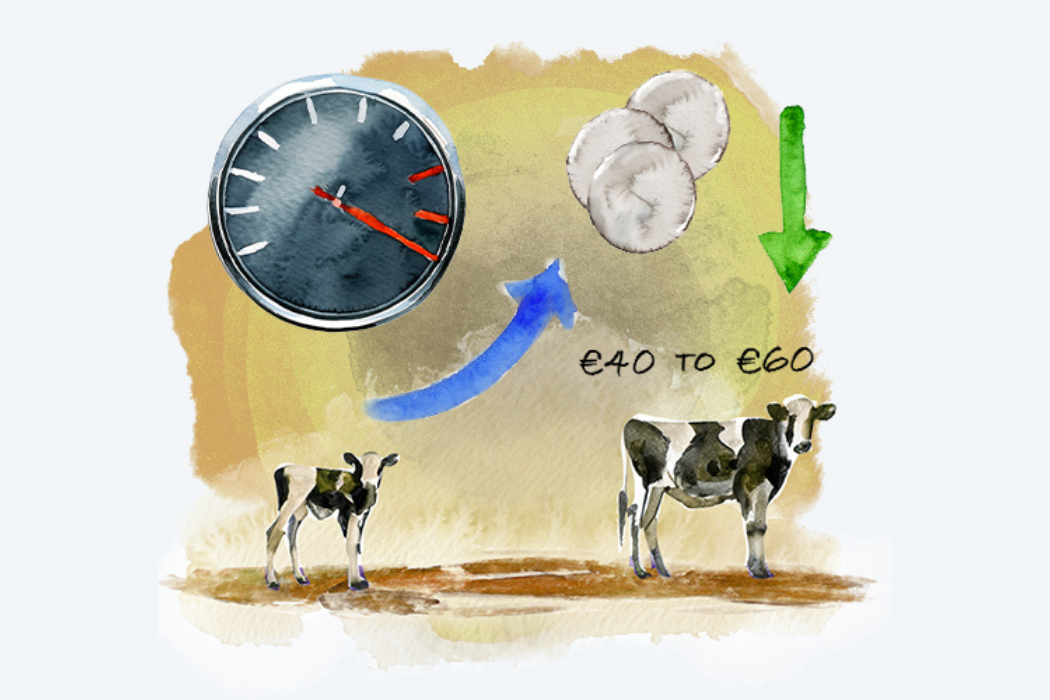Drawn image of a calf, cow, clock and coins